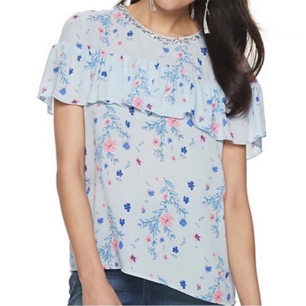 Juicy Couture‎ Top Medium Rain Floral Ruffle Blouse Rhinestone Neck